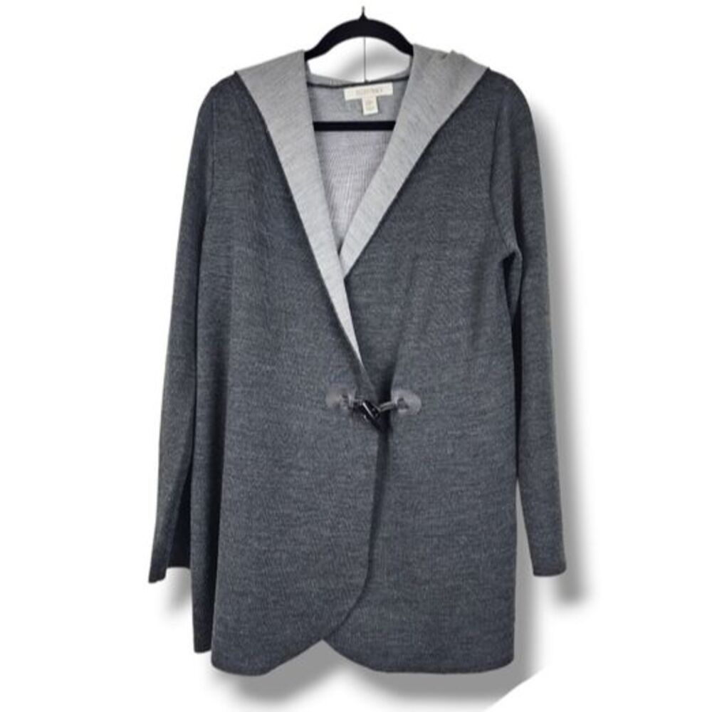 Ellen Tracy Merino Wool Blend Hooded Cardigan M Charcoal Grey Toggle Sweater